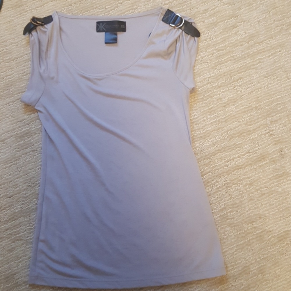 Gray blouse with black leather strap details